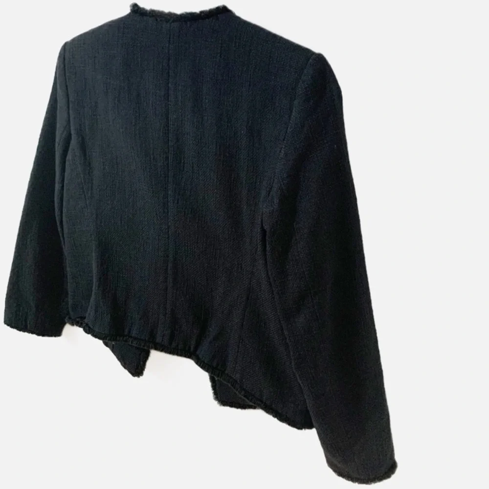 Ann Taylor Cotton Blend Open Front Long Sleeve Crop Waist Blazer Raw Hem Detail
